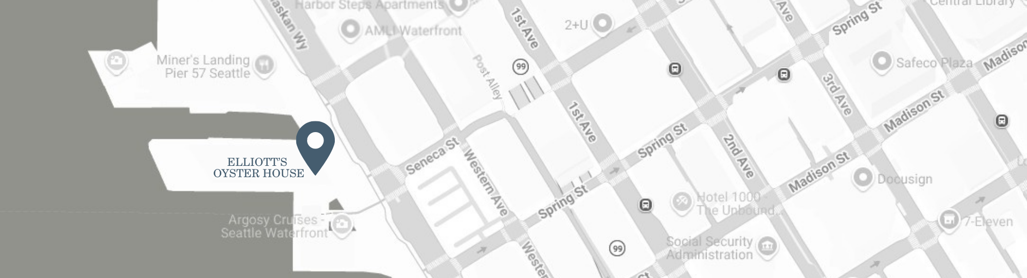 A grayscale map shows the Seattle waterfront area with a location pin marking Elliott’s Oyster House on Alaskan Way near Pier 56. Nearby streets and landmarks are labeled.