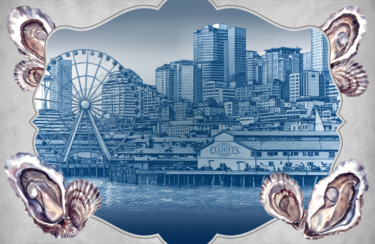 A blue-toned illustration of a waterfront cityscape with a ferris wheel, tall buildings, and a sign reading Elliotts on a pier, framed by decorative oysters on each corner.
