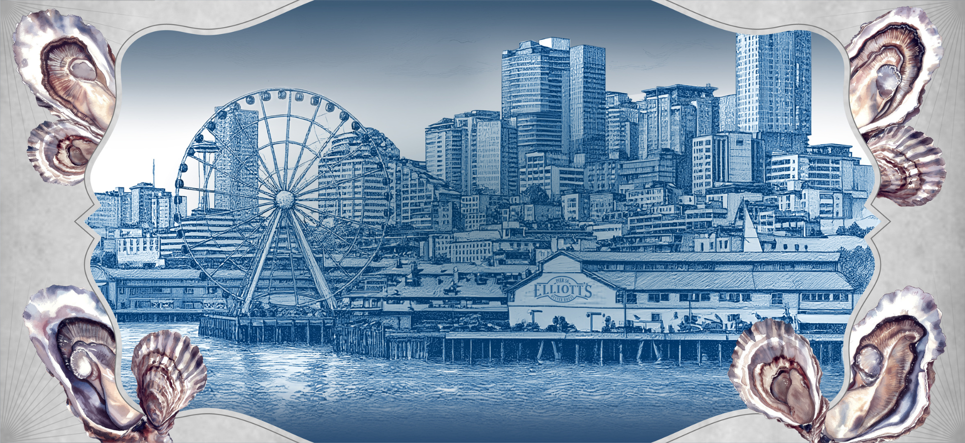 Sketch of Seattle skyline with ferris wheel and Elliotts Oyster House, framed by watercolor oysters.