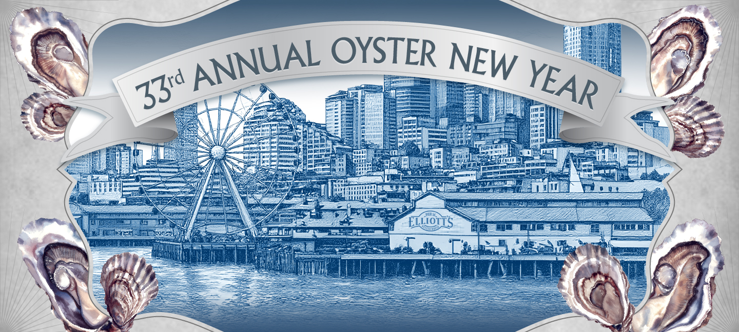 Illustration of a city waterfront with a pier, ferris wheel, and the sign Elliotts on a building. A banner reads 33rd Annual Oyster New Year. Oyster shells decorate the corners of the image.
