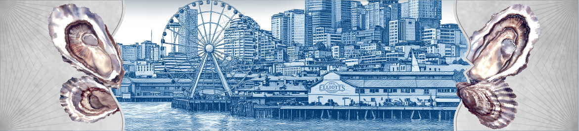 A detailed blue-toned illustration of a city waterfront with a Ferris wheel and tall buildings, bordered by realistic oyster shells at each corner, and a building labeled Elliotts on the pier.